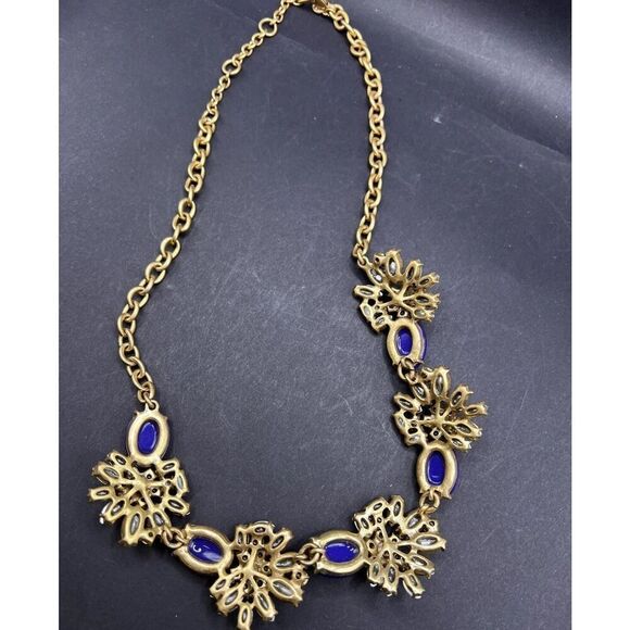 J. Crew Cobalt Royal Blue W Clear Rhinestones Goldtone Statement Necklace Chunky - Picture 4 of 11